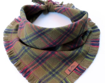 Dog Bandana "Fernvale" in Olive Green and Red plaid Frayed Edges cotton flannel dog neck wear Dog Neckwear Dog clothes