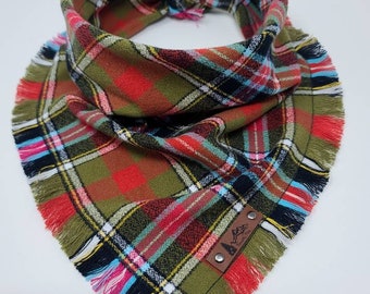 Dog Bandana "Cheval" Red and Green plaid with Frayed Edges cotton flannel dog neck wear Dog Neckwear Dog clothes
