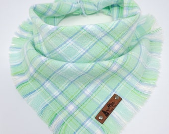 Pet Bandana "Barlow"  Green and White plaid with Frayed Edges SPRING cotton BoHo Dog Neckwear Cat clothes