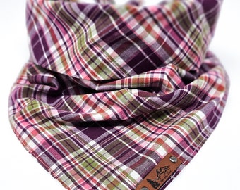 Dog Bandana "Roslyn" Pink, Purple and Green plaid cotton dog neck wear Dog clothes BoHo style