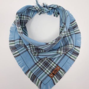 Dog Bandana Steel Bay Blue and Gray plaid with Frayed Edges cotton flannel dog neck wear Dog Neckwear Dog clothes image 2