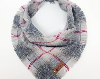 Dog Bandana "Glacier" in Gray, Red and White plaid Frayed Edges cotton flannel dog neck wear Dog Neckwear Dog clothes