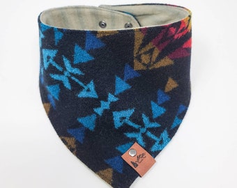 Dog Bandana "Myrtle Blue" Wool Aztec Snap on style dog neck wear Dog clothes BoHo style