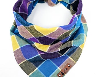 Pet Bandana "Stratton" Purple, Yellow and Blue plaid cotton dog neck wear BoHo style cat or dog accessory