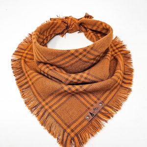 Pet Bandana "Manzanita" Fall Golden Brown Plaid with Frayed Edges cotton Dog or Cat neckwear BoHo pet