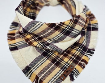 Dog Bandana "Wimble" offwhite and brown plaid with Frayed Edges cotton flannel dog neckwear, Dog clothes