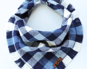 Dog Bandana "Lakeview" in Blue and White plaid Frayed Edges cotton flannel dog neck wear Dog Neckwear Dog clothes