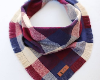 Dog Bandana "Washington" in Dark Red, Beige and Blue Buffalo plaid Frayed Edges cotton flannel dog neck wear Dog Neckwear Dog clothes