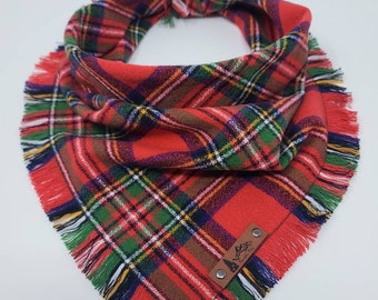 PET Bandana "Cascadia" Red/Orange Tartan plaid with Frayed Edges cotton Dog neck wear BoHo Cat clothes