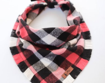 Dog Bandana "Bandon" Coral, Black and White plaid with Frayed Edges cotton flannel dog neck wear Dog Neckwear Dog clothes