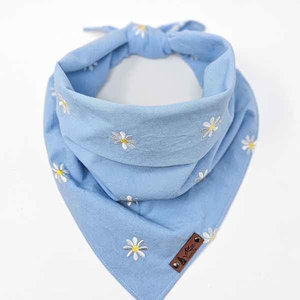 Pet Bandana "Daisy Meadow" BLUE Daisy Embroidered cotton SPRING dog neck wear BoHo style cat