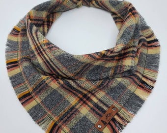 Dog Bandana "Rocky Point"  Gold, Black and Gray plaid with Frayed Edges cotton BOHO Dog Cat