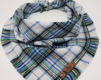 Dog Bandana "Steens" White, Blue and Green plaid with Frayed Edges cotton flannel dog neck wear Dog Neckwear Dog clothes