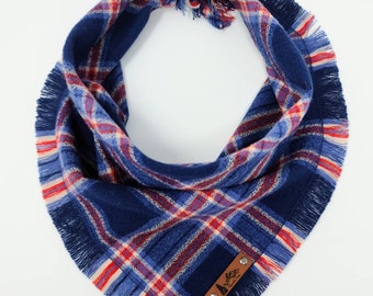 PET Bandana "Charleston"  Blue, White and Red plaid with Frayed Edges BoHo cotton Dog Neckwear CAT clothes
