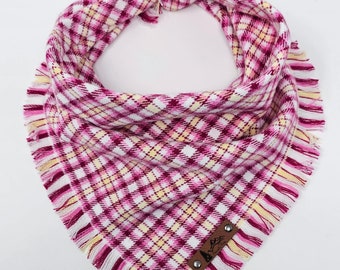Dog Bandana "Irene" Pink and White plaid with Frayed Edges cotton flannel dog neckwear, Dog clothes
