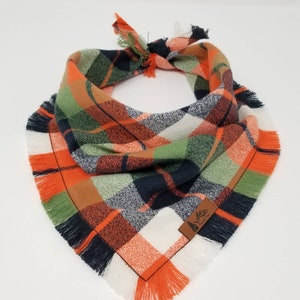 Pet Bandana "Northwest"  Orange, Navy and Green plaid with BoHo Frayed Edges cotton Dog Neckwear Cat accessory