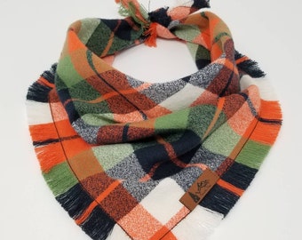 Pet Bandana "Northwest"  Orange, Navy and Green plaid with BoHo Frayed Edges cotton Dog Neckwear Cat accessory
