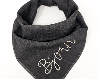 Custom PERSONALIZED Pet Bandana Black Denim cotton neckwear Chainstitch EMBROIDERED Cat bandana