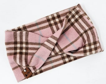 Dog infinity Scarf "Leslie" Twist Scarf in Pink and Brown plaid Cozy dog neck wear BoHo style
