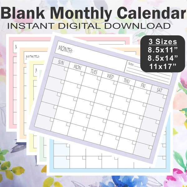 Printable Blank Calendar, Printable Blank Monthly Calendar, Digital Download, 8.5x11 (Letter), 8.5x14 (Legal), and Tabloid (11x17) PDF