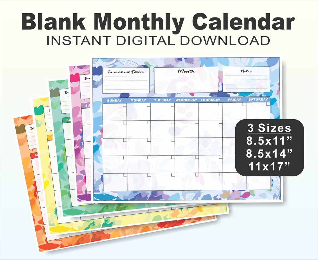 Blank Calendar, Minimal Calendar, Printable Calendar, Digital Download ...
