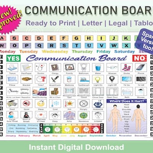 New/Improved Communication Board for Hospital, Resident Care, or Home Setting to Help Limited Verbal, Non-Verbal, Disability English/Spanish
