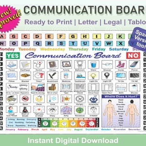 New/Improved Communication Board for Hospital, Resident Care, or Home Setting to Help Limited Verbal, Non-Verbal, Disability English/Spanish