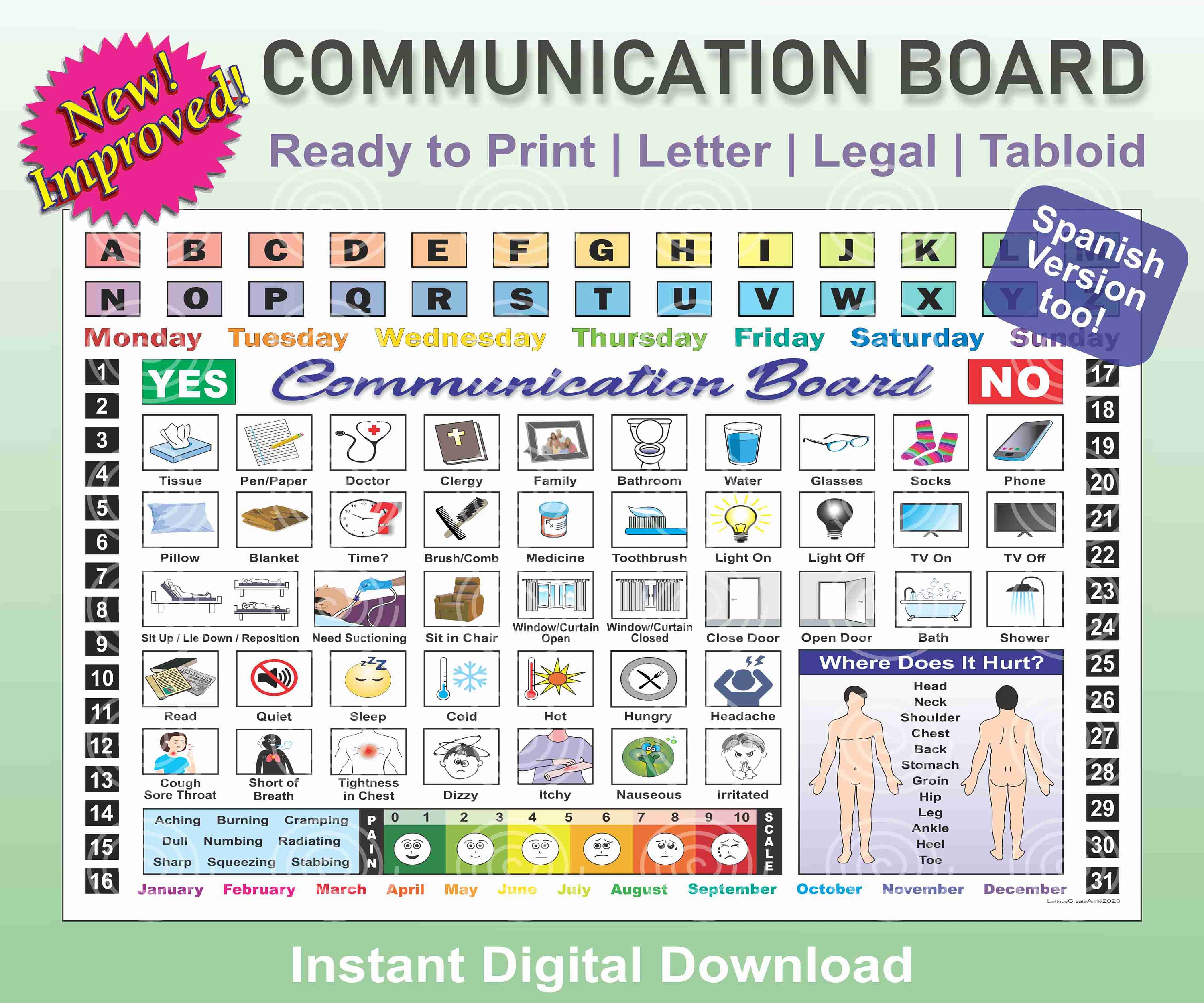 Communication Board for Aphasia, Limited/Non-Verbal, Hospital, Resident Care, or Home Setting to Help with Disability in English/Spanish