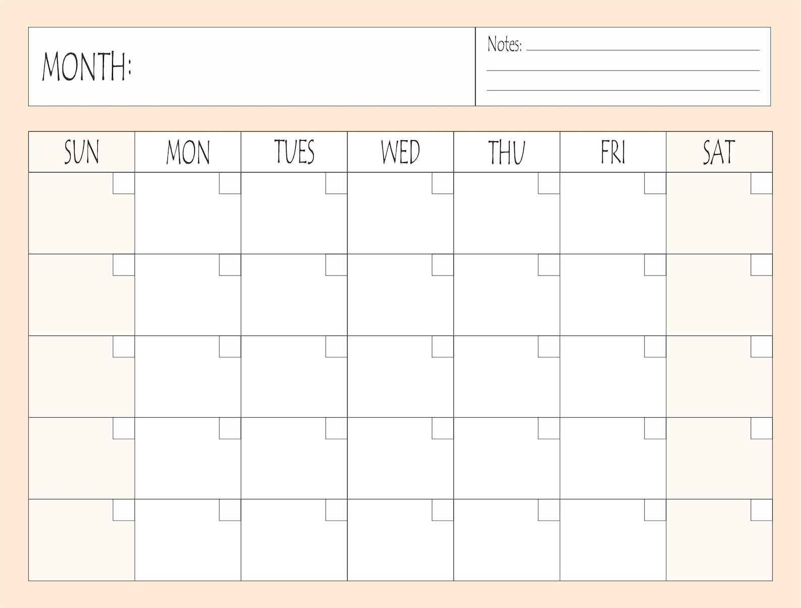 Printable Blank Calendar, Printable Blank Monthly Calendar, Digital ...