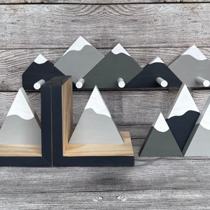 Monochrome Mountain Nursery Decor Set: Wooden Mountains, Bookends, Coat Rack