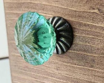 Enchanted ~Green Faceted Glass Knob with Raised Detail & Antiqued Brass Base