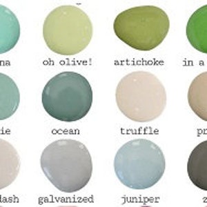 May include: A chart of 18 paint color swatches with names like "gumdrop", "patina", "oh olive!" and "artichoke".