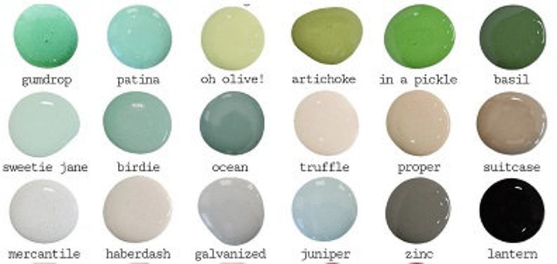 May include: A chart of 18 paint color swatches with names like "gumdrop", "patina", "oh olive!" and "artichoke".