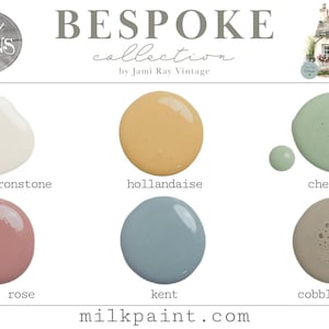 May include: Six paint color swatches in a circle shape, labeled with the names "antique ironstone", "hollandaise", "cheshire", "trellis rose", "kent", and "cobblestone". The text "BESPOKE collection by Jami Ray Vintage" is above the swatches. The text "milkpaint.com" is below the swatches.
