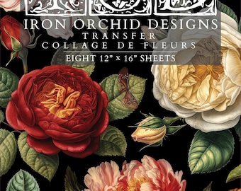 May include: Eight 12" x 16" sheets of iron-on transfer paper featuring a collage of red, white and yellow flowers on a black background. The text "Iron Orchid Designs Transfer Collage de Fleurs" is printed on the paper.