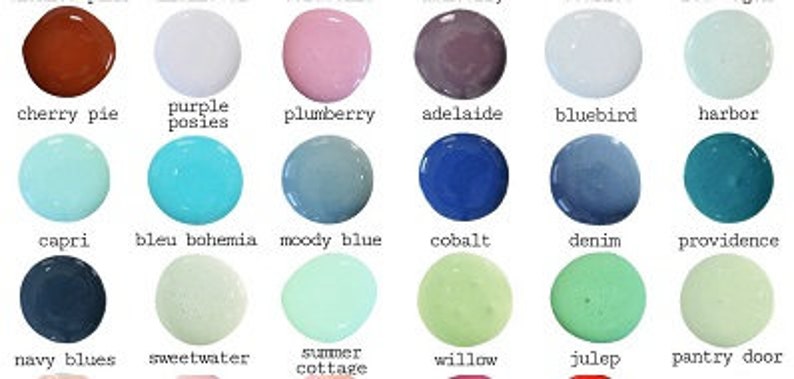 May include: A chart of 18 paint color swatches with names below each swatch. The colors include cherry pie, purple posies, plumberry, adelaide, bluebird, harbor, capri, bleu bohemia, moody blue, cobalt, denim, providence, navy blues, sweetwater, summer cottage, willow, julep, and pantry door.