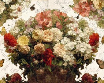 May include: A vintage-inspired floral arrangement with a variety of flowers, including roses, dahlias, and lilies. The flowers are arranged in a vase and are surrounded by butterflies and vintage-style text.