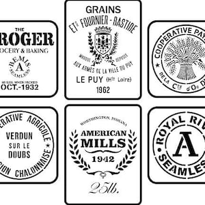 May include: Six black and white vintage labels with text. The labels are for different brands of grains, including "The Kroger Grocery & Baking", "Ets Fournier-Bastide", "Cooperative Paysanne Dela Cte D'Or Dijon", "Cooperative Agricole & Region Chalonnaise Verdun Sur Le Doubs", "American Mills", and "Royal River Seamless".