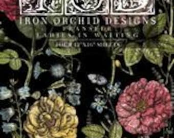 May include: A black and white illustration of a floral design with the text "Iron Orchid Designs" and "Transfer for Laminate & Wood".