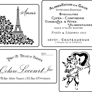 May include: Black and white illustrations on a white background. The image features four rectangular designs with text and graphics. One design shows the Eiffel Tower, flowers, and the word "Amour". Other designs include French text and an angel.