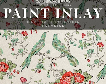 May include: A set of eight 12x16 inch sheets of paint inlay featuring a floral pattern with birds and red roses. The sheets are labelled "Paint Inlay" and "Paradise" by Iron Orchid Designs.