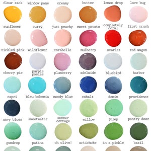 May include: A color chart of 36 milk paint colors, with names like "Sweet Potato", "Bluebird", and "Oh Olive!" The chart is organized in rows and columns, with each color displayed in a circle.