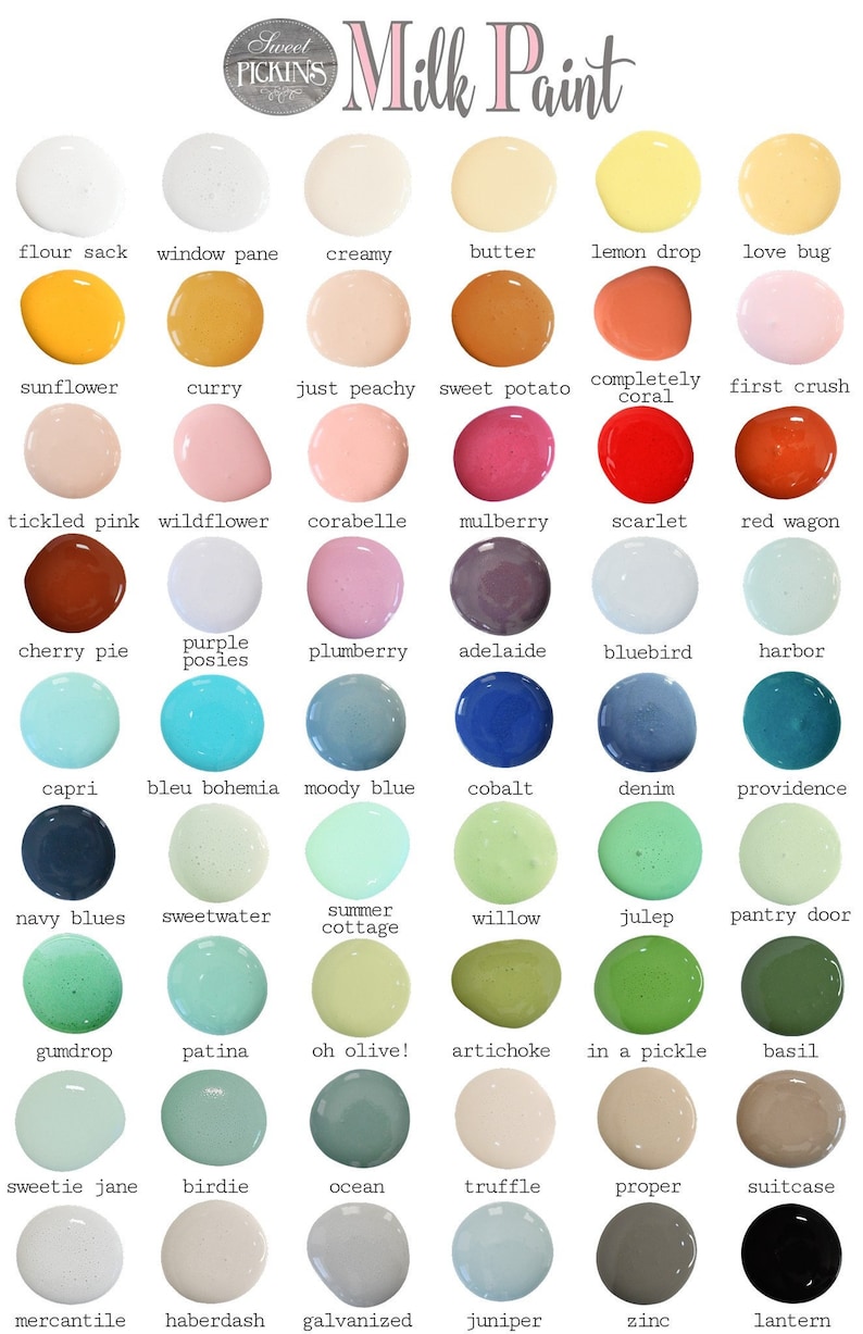 May include: A color chart of 36 milk paint colors, with names like "Sweet Potato", "Bluebird", and "Oh Olive!" The chart is organized in rows and columns, with each color displayed in a circle.