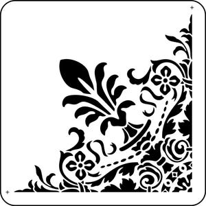 May include: Black stencil design featuring ornate floral and scrollwork patterns in a corner arrangement. The design includes stylized flowers, leaves, and swirling elements, creating a decorative border. This stencil is suitable for various craft projects.