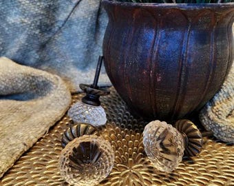 Crystal Palace ~Faceted Glass Knob with Raised Detail & Antiqued Brass Base