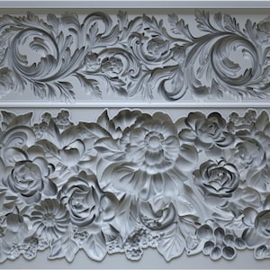 May include: A silicone mold with two designs: a floral pattern and a scroll pattern. The mold is labeled "Trimmings 4 IOD".
