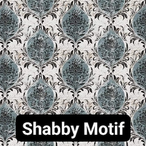 May include: A repeating pattern featuring a damask design in shades of blue, black, and white. The design has a distressed, vintage look, with the text "Shabby Motif" in a black rectangle at the bottom.