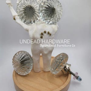 May include: Clear glass cabinet knobs with a ribbed design, displayed on a wooden tray. The knobs are held by a white skeleton hand. The text "UNDEAD HARDWARE By Undead Furniture Co" is visible.