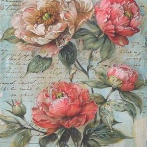 May include: A painting of peonies in shades of pink, peach, and green, set against a backdrop of faded blue and beige with handwritten script. The artwork has a vintage aesthetic, with detailed flowers.