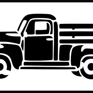 May include: Black silhouette of a vintage pickup truck with a detailed front grill, cab, and bed. The truck has large wheels and a classic design, perfect for rustic or farmhouse-themed decor. The image is framed in a white rectangle.